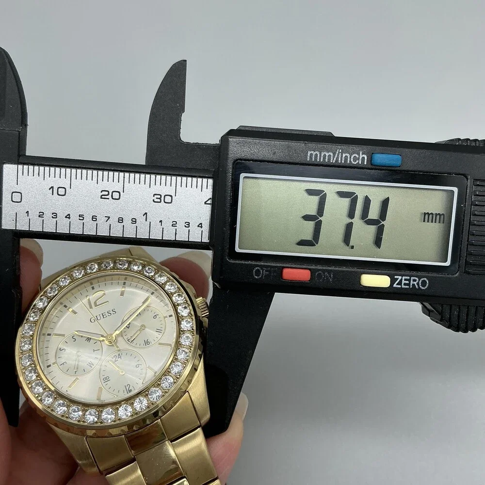 Guess U12005L1 Womens Watch 37mm Gold Tone Crystals Day Date New Battery 6.25